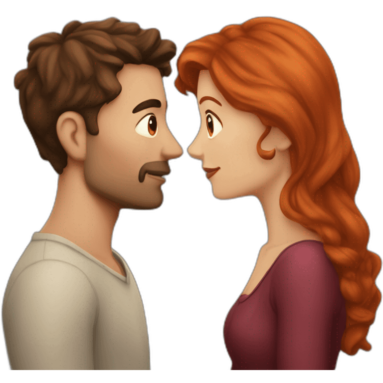 man with log dark hair and no beard kissing with shorter long red-hair woman emoji