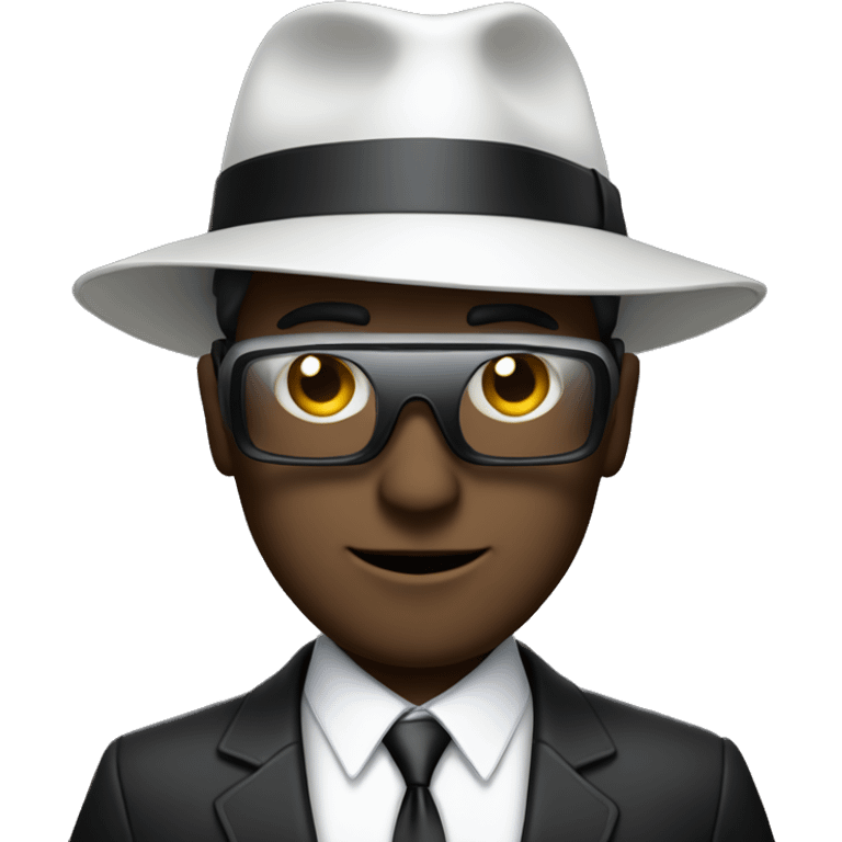 no visible eyes, white male, with a black fedora with a pinstripe suit and a vr headset happy  emoji