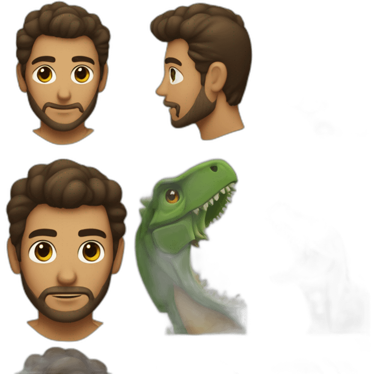 hombre de pelo oscuro, barba, y ojos verdes Junto a un dinosaurio emoji