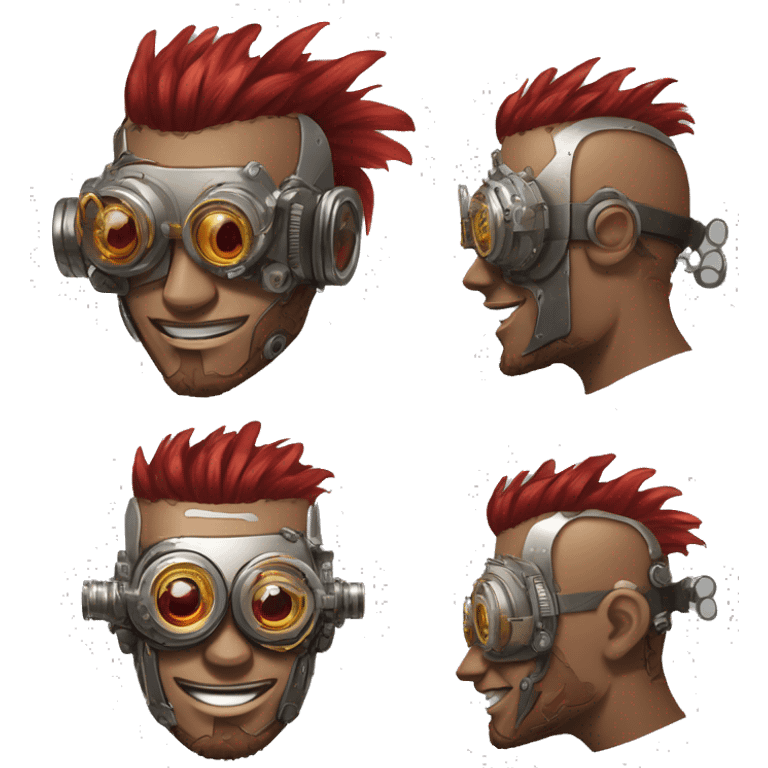 Brown cyborg head with red Mohawk, red beard, silver steampunk monocle goggles a smile and circuits emoji