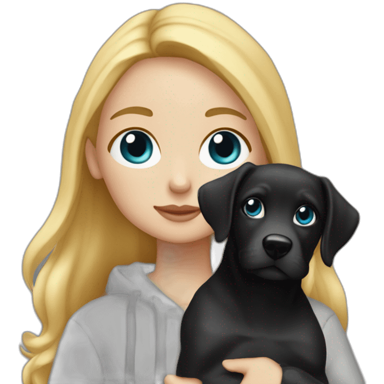 A blonde girl  with blues eyes, with smooth hair and a ray,she has light skin a few freckles, and she wear a hoodies and she Carries in his arms a black baby labrador dog  emoji