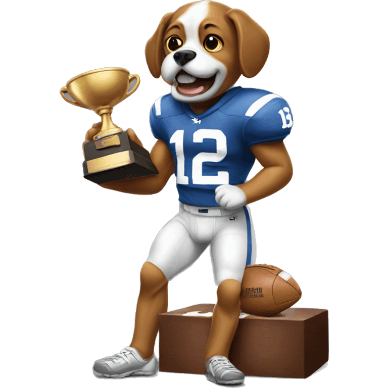 A dog holding the Heisman Trophy emoji