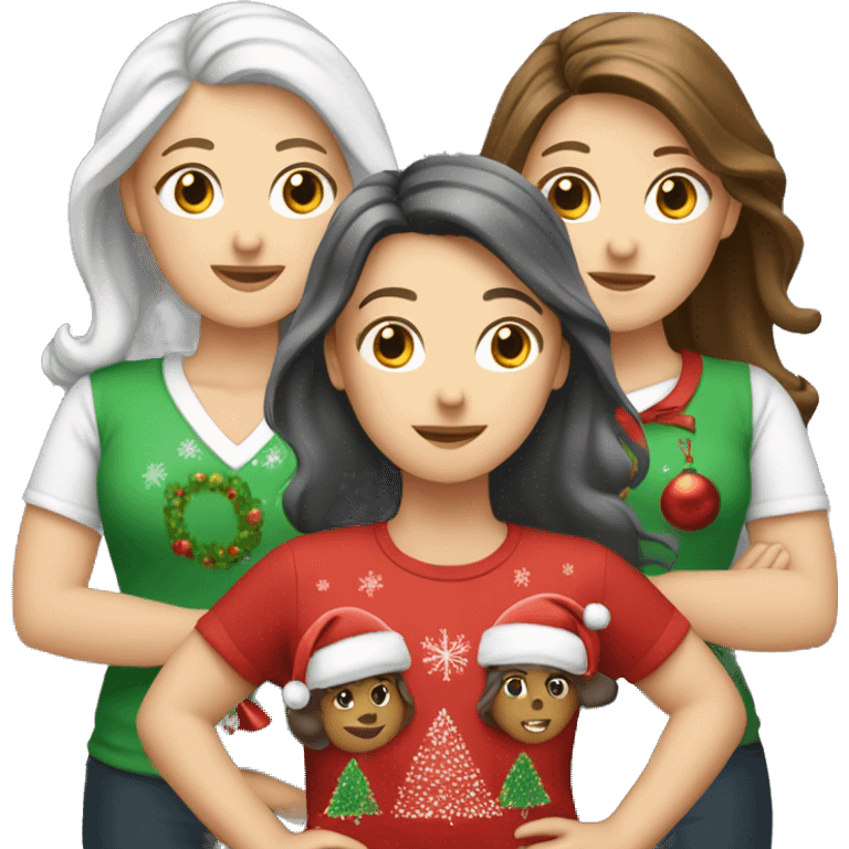 Three white girls. One long read head, one long grey haired, and one short dark brown hair wearing Christmas shirts.  emoji