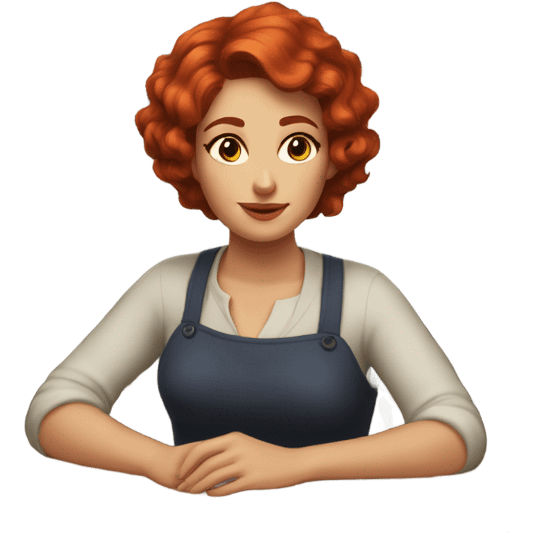  woman with short red hair, brown eyes and lush shapes. 
Embellishing the finished product
A woman is sitting at a table in her workshop, leaning over  emoji