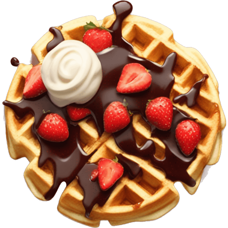 Cut up strawberries and chocolate sauce on Belgian waffle emoji