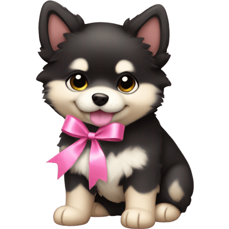 One black and beige pomsky puppy with a pink ribbon in his heac emoji