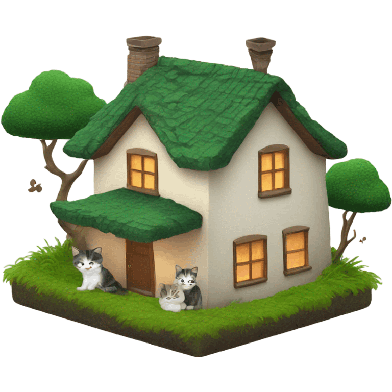 Cozy home with green moss on the roof with little cats  emoji