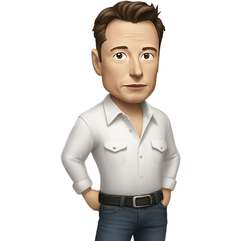 A portrait of Elon Musk with a thoughtful expression, wearing a casual outfit such as a white shirt and dark jeans, with a few strands of hair falling across his forehead. emoji