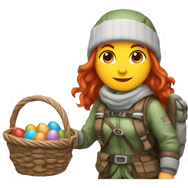 Greek Female winter mountaineer red hair white skin climbing with Greek Flag and Easter eggs basket emoji