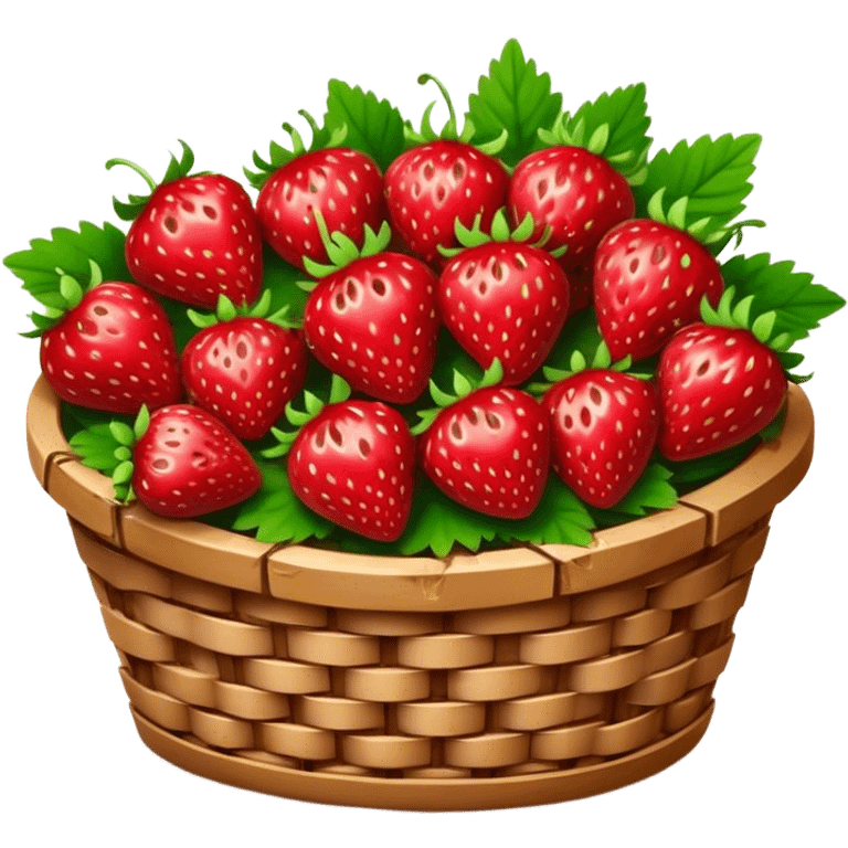 Cinematic ripe strawberrie, deep red, glossy with tiny seeds, green leaves still attached, gathered in a rustic basket, warm glowing background, fresh and sweet. emoji