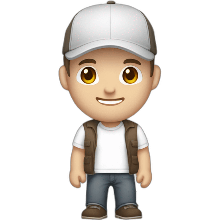 Pale skinned fit Man with dark brown hair in a light gray cap, dark brown jeans, brown polo and white T-shirt keeping a pasted with tape white box into his hands emoji