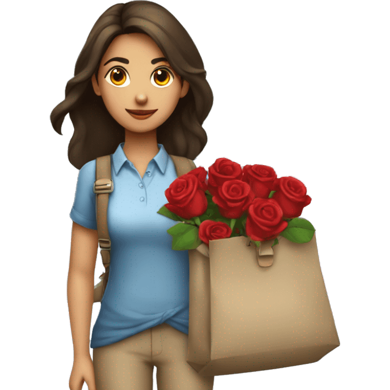 A girl named Ankita write her name in her shirt carrying a bag and she hold a red rose  emoji