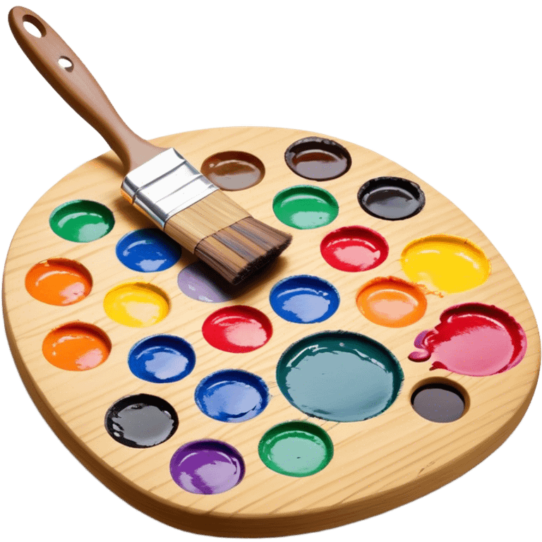 Cinematic Realistic image of a vibrant paint palette and brush, featuring a wooden palette smeared with an array of richly blended colors and a finely detailed brush with soft, delicate bristles, set against a softly textured background that evokes artistic inspiration emoji