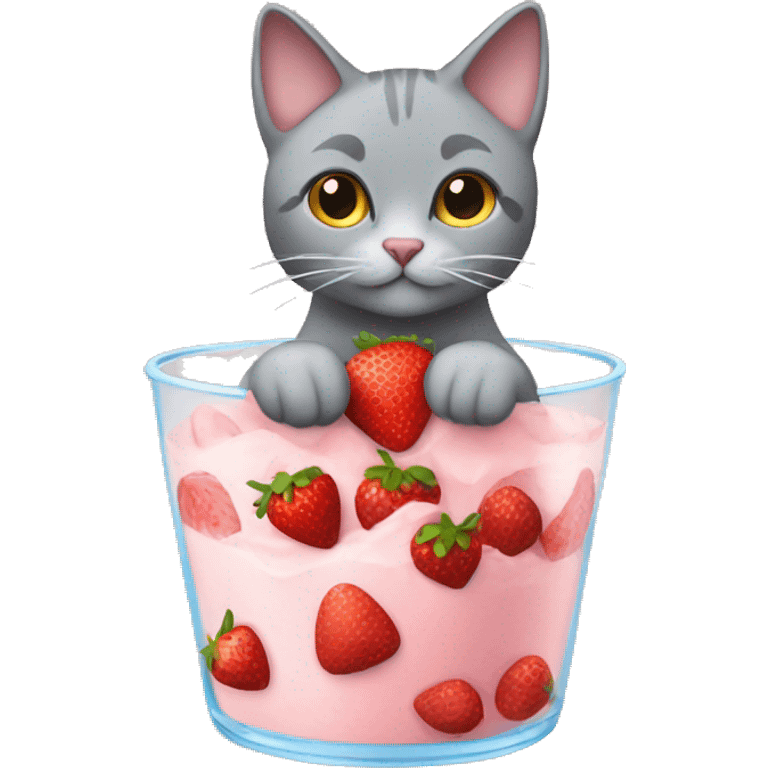 Grey cat in a parfait with strawberries emoji