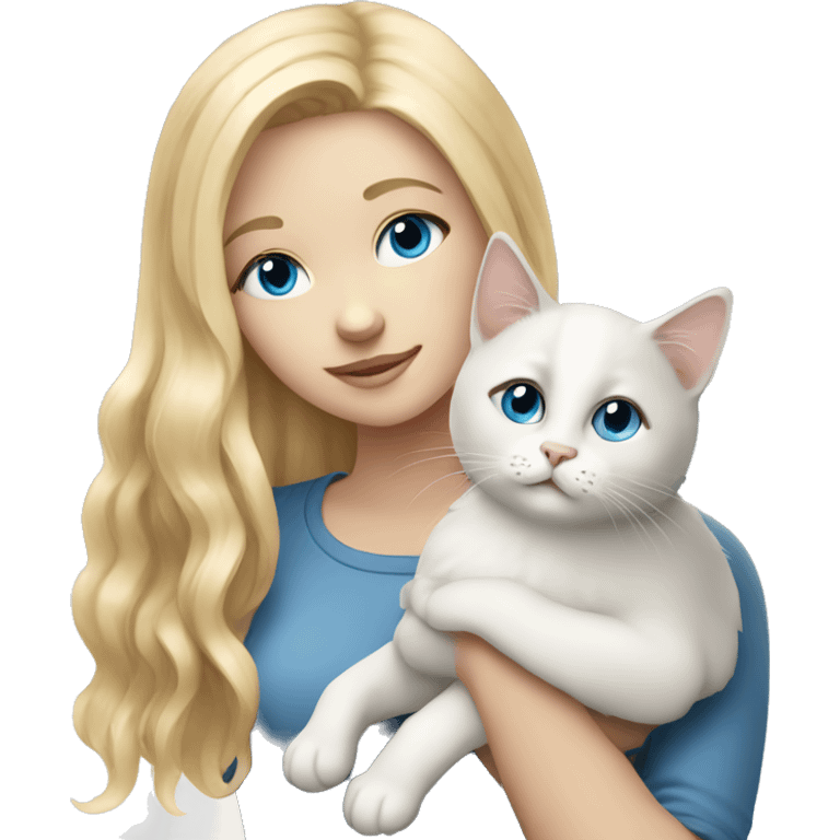 blonde girl with blue eyes holding a white and gray cat emoji