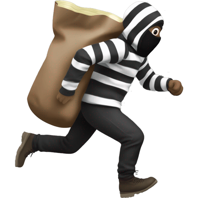 A robber in striped black and white clothes with a black ￼ski mask on running away with a brown sack of money on his back  emoji