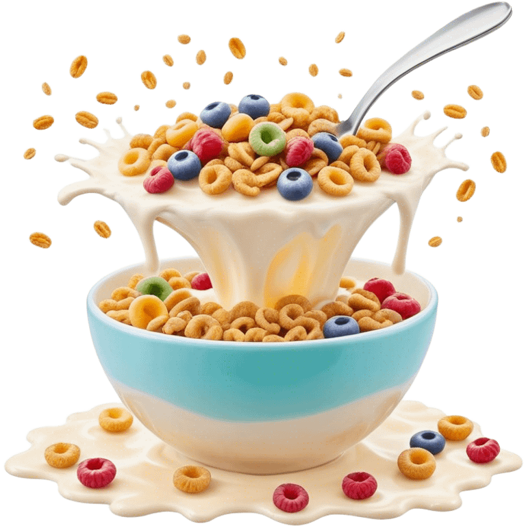 Cinematic crunchy cereal, vibrant and colorful, splashing into a bowl of cold milk, soft glowing background, dynamic movement, playful and inviting, nostalgic and fun. emoji