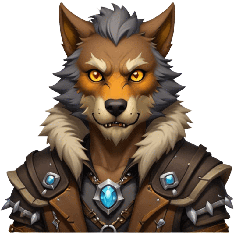 Cinematic Realistic WoW Worgen Portrait, head tilted epicly and inquisitively, showcasing the striking fusion of human intellect and beastly ferocity. His rugged fur and tanned skin, accented by piercing amber eyes and meticulously rendered worn leather garments, are bathed in dynamic lighting, high shine, epic and awe-inspiring, capturing the relentless spirit of a worgen at the apex of his power. emoji