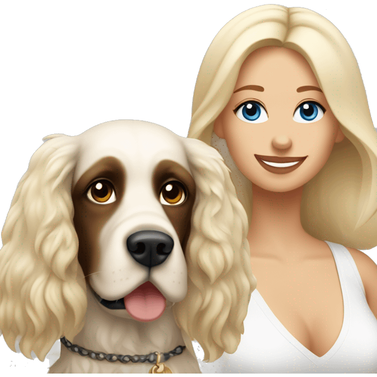 Russian woman with long dark brown hair in a white singlet sits with blonde cocker spaniel emoji