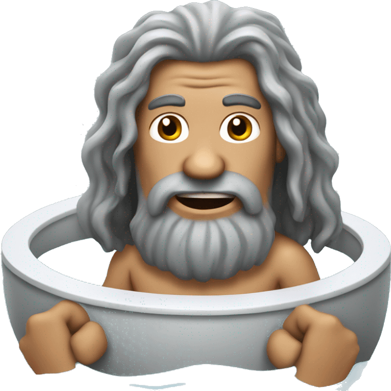 Caveman with long gray hair and a gray goatee in a hot tub emoji