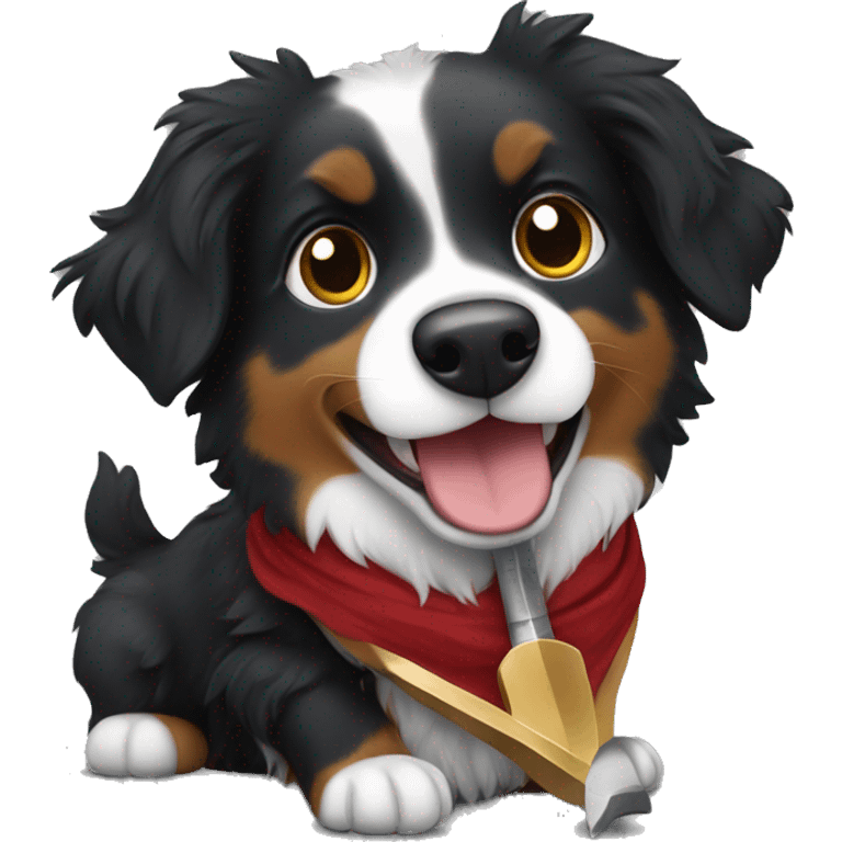 Small black australian shepherd dog with a sword emoji