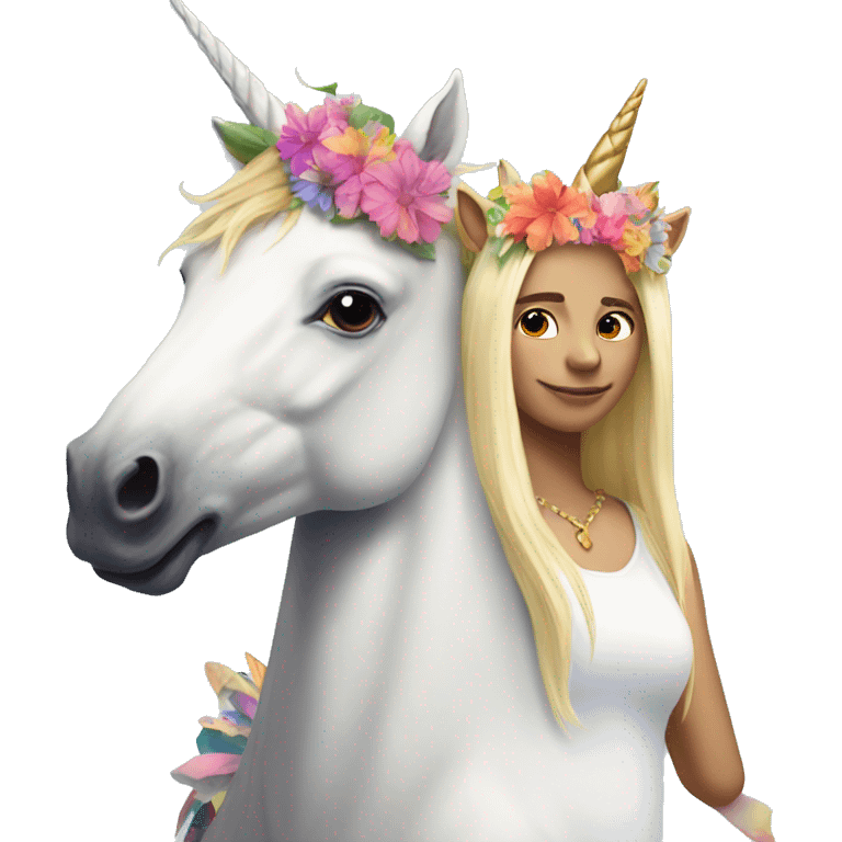 unicorn with rainbow horn with a blond woman with a flower crown riding it emoji