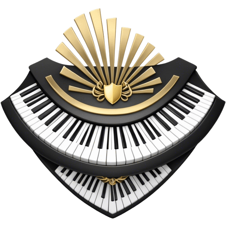 Create an elegant and festive emoji collage representing keyboard instruments, styled like a heraldic emblem. The design should feature a central focal point of black and white piano keys, arranged in a semi-circular or shield-like shape. Around the piano keys, add intertwining musical notes that form flowing ribbons, creating a dynamic and celebratory atmosphere. The design should be professional, with polished silver and gold accents on the keys and notes, highlighting the luxury and sophistication of the instruments. Add subtle shading and lighting effects to give the design a refined, 3D appearance. The background should remain transparent, and the overall feel should evoke grandeur, artistry, and a sense of celebration. emoji