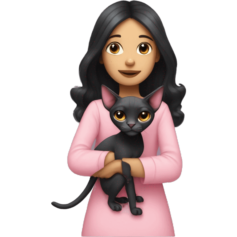 A girl with black hair hugs a pink sphinx cat  emoji