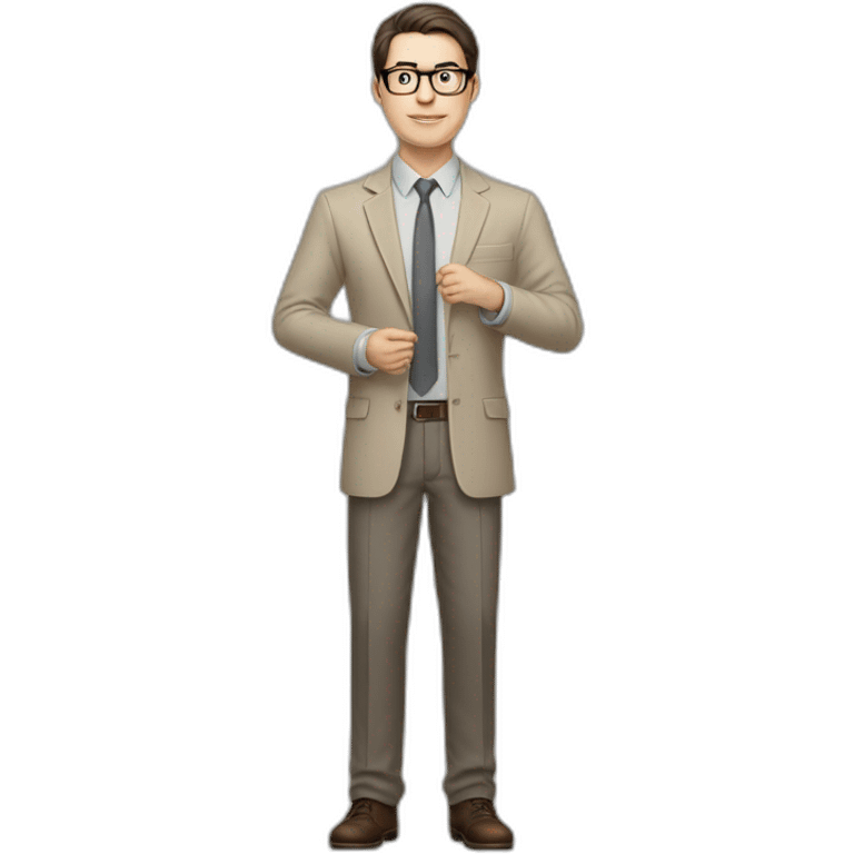 Full height Actively Gesturing Pale skinned fit man with dark brown hair in gray jacket, beige office shirt, brown tie, brown pants and vintage glasses. emoji