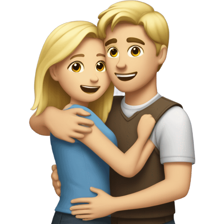 The girl hugs the guy. The girl has brown hair, and the guy has blonde hair. emoji