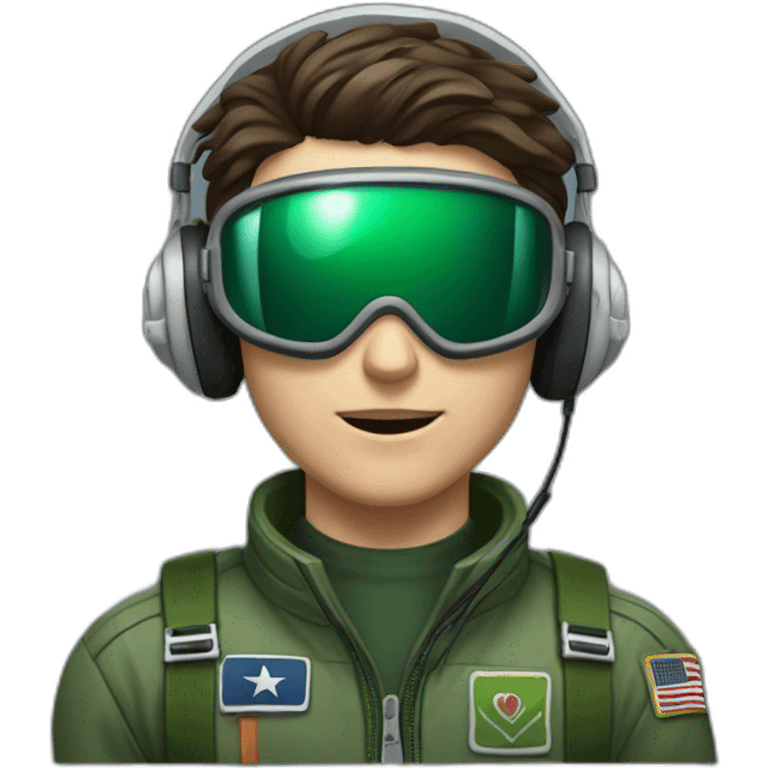 A young white male tennager with a thin face with dark brown hair and brown eyes in a pilot suit and wearing a green Pilot headset emoji