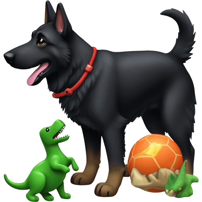 All black German shepherd with toy dinosaur emoji