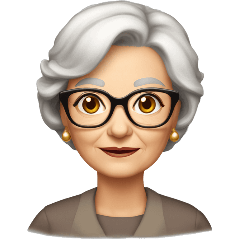 80 years old girl
Short straight brown hair with bob styling
light skin small square 
glasses with refined frame
Brown eyes with cat eye liner emoji