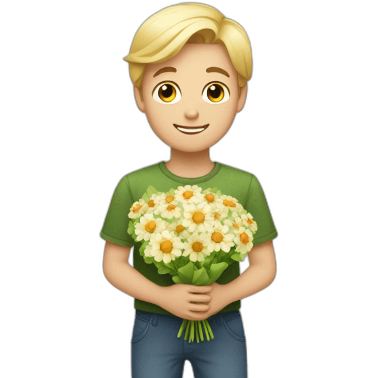 A boy who offers a bouquet of flowers to a pretty blonde emoji