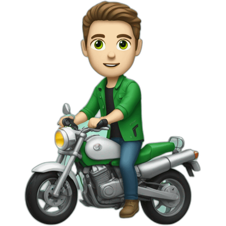 white skin men with brunette hair and green eyes in a sea colour motorbike emoji