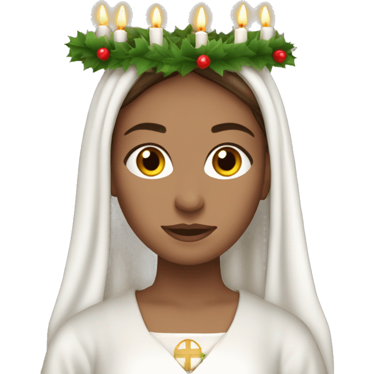 brown haired white women with white gown and advent wreath with long white candles on the head emoji