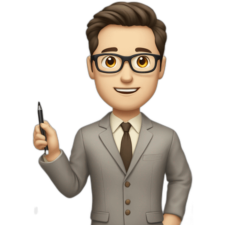 Pale skinned fit man with dark brown hair in gray jacket, beige office shirt, brown tie, brown pants and vintage glasses Writing on the marker board emoji