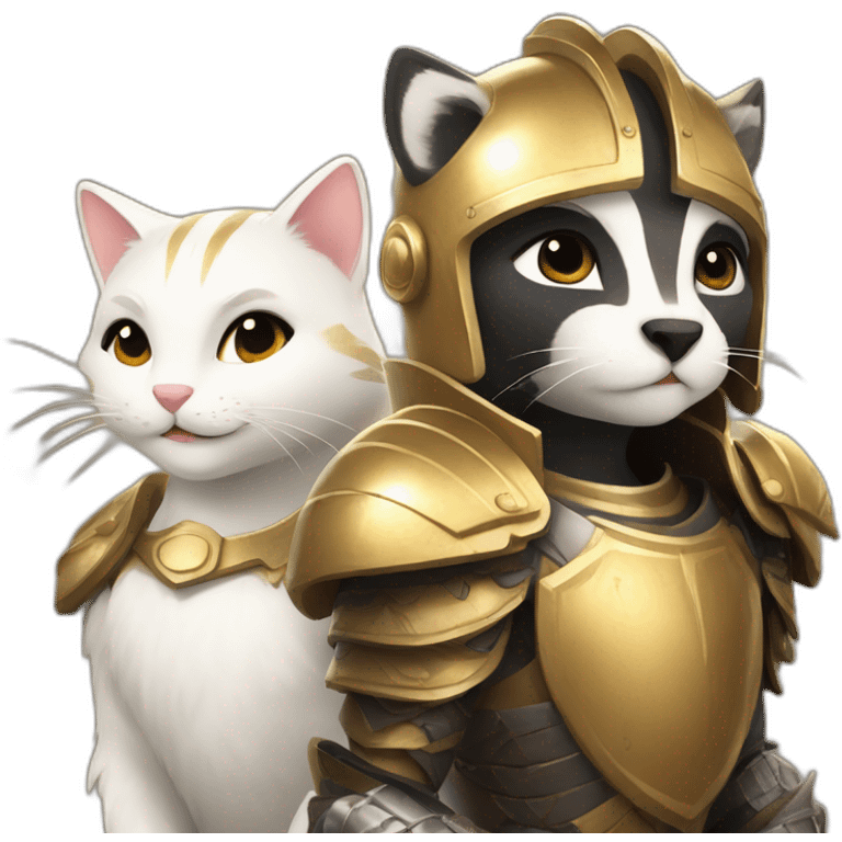 a smiling badger beside a white female cat who is wearing a golden light armour also smiling emoji