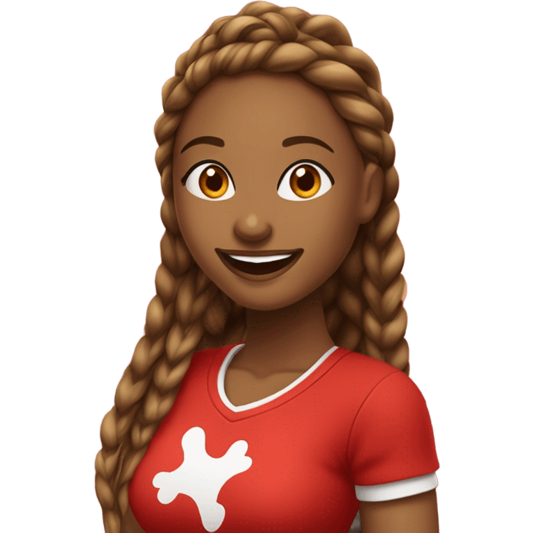 Light brown lady smiling,  medium brown very long African braids, bright red lips, eyelashes, wearing red “happy Valentine’s Day” t shirt emoji