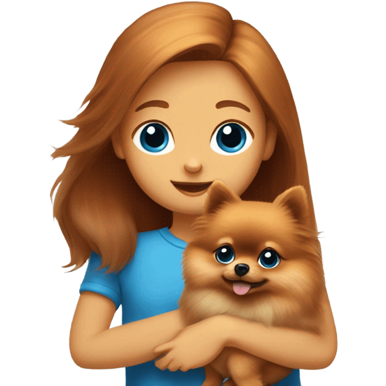 A red-haired pomeranian sits in the arms of a brown-haired girl with blue eyes emoji