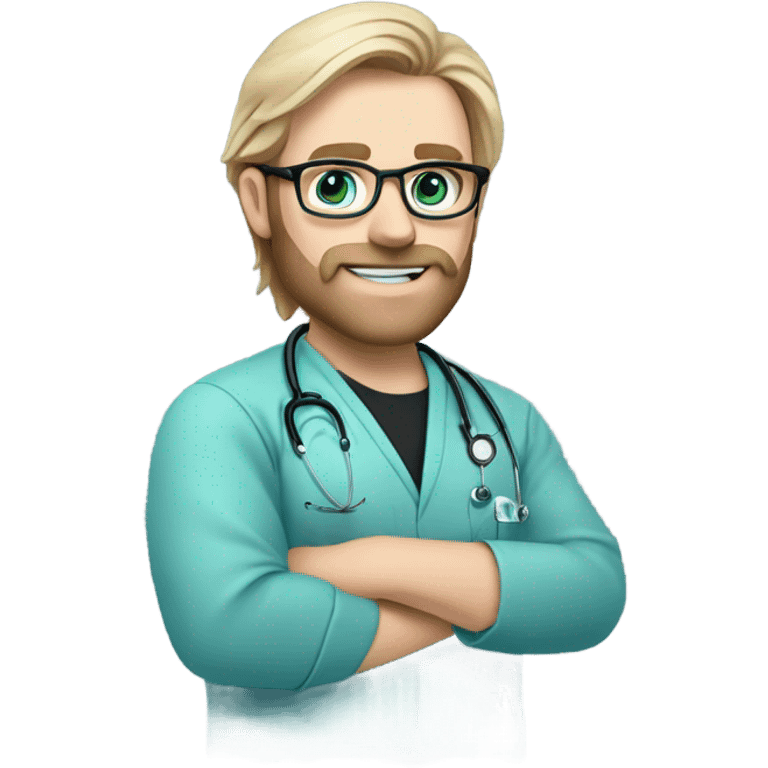 male blond doctor with grey beard with blue-green eyes and wire glasses in black scrubs holding a paintbrush emoji