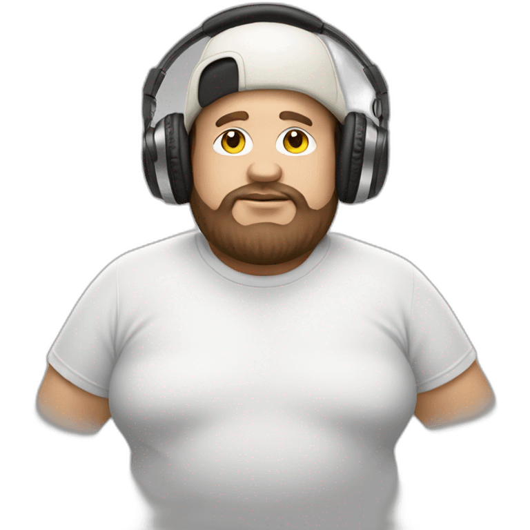 DJ with a cream white hat and headphones hanging over the cap. Brown hair. Fat dude. emoji