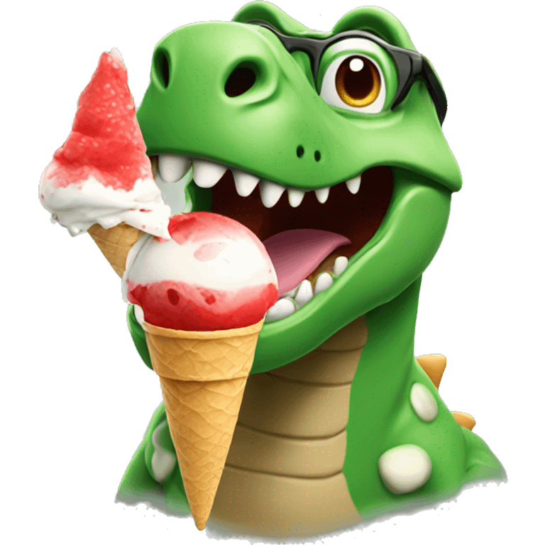 A dinosaur with red glasses eating ice cream  emoji