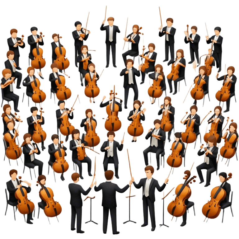 Icon for Classical Music: symphonic orchestra with musicians playing violins, cellos, and flutes, led by a conductor with a baton. Transparent background. emoji