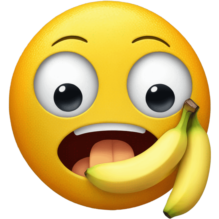 Emoji yellow face eating a banana with mouth and eyes open and two small oranges just under the banana emoji