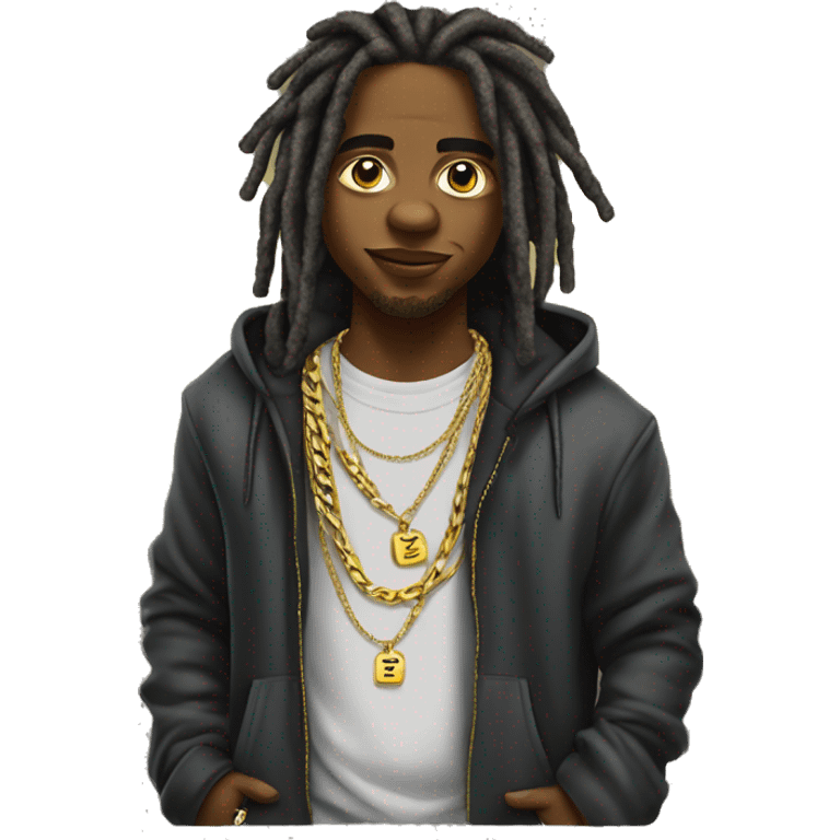 young hustler with dreads with  money full up in pockets of hoodie  wearing a hoodie  with gold jewelry chains on emoji