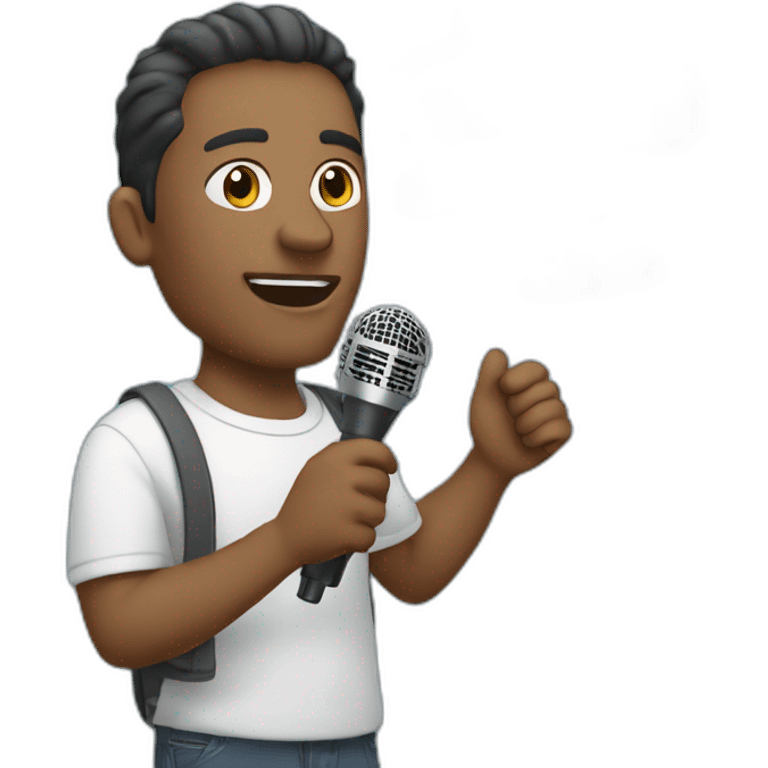 a man holds a microphone in his hand, above him is a cloud with text emoji