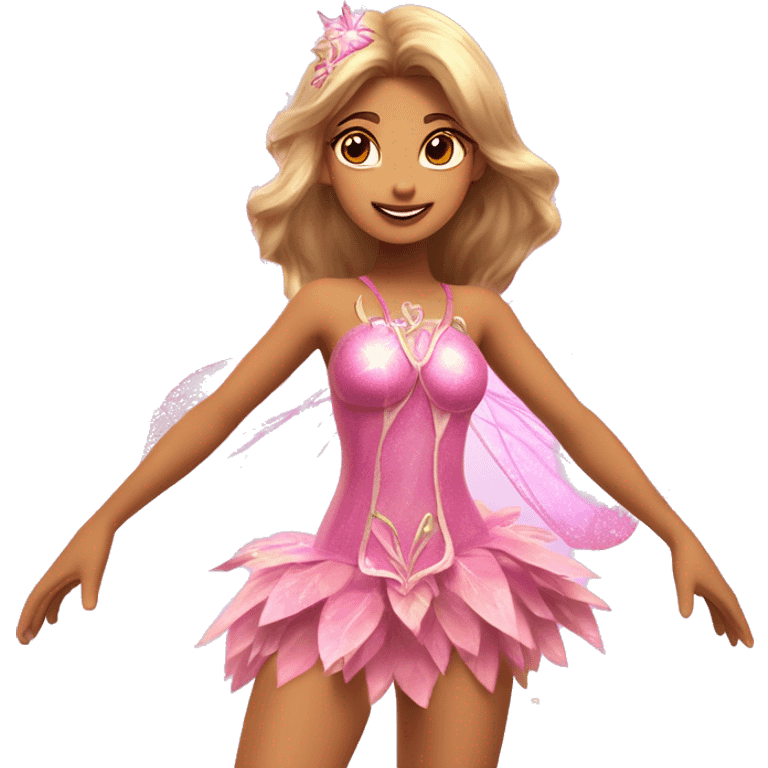 Flora the adult latina fairy of nature in her enchantix fairy pink clothing and fairy enchantix wings and long light brown hair from winx club. Lots of sparkles, feel the magic  emoji