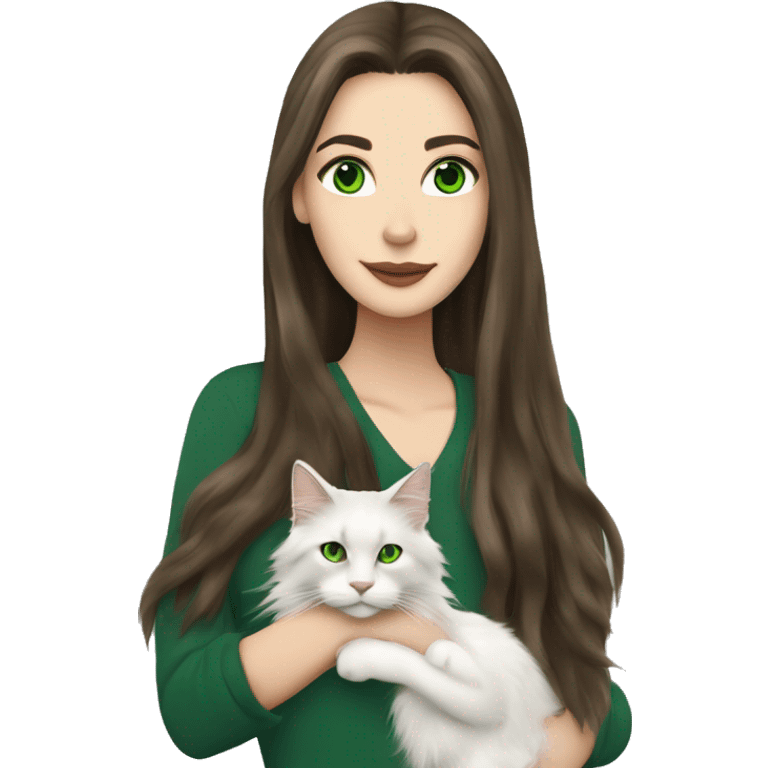 White brunette long hair woman with green eyes holding a Maine coon cat ￼ emoji