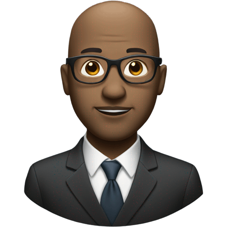 black business man with glasses, shadow bald hair.. small gray shadow beard. round h emoji